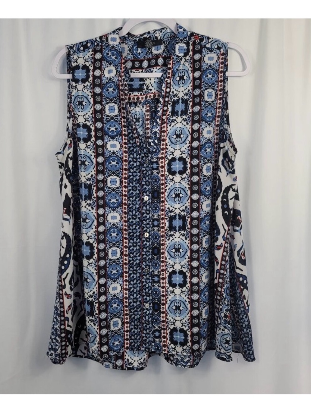 Alfani Sleeveless Blouse Women's Size 14 Black White Blue Floral Mixed Print